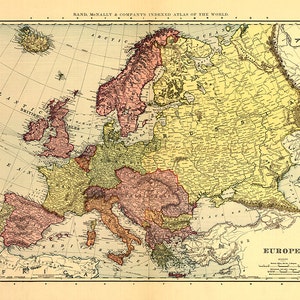 Map of Europe, 1898.  Restoration Hardware Home Deco Style Old Wall Vintage Reprint. Varies sizes available.
