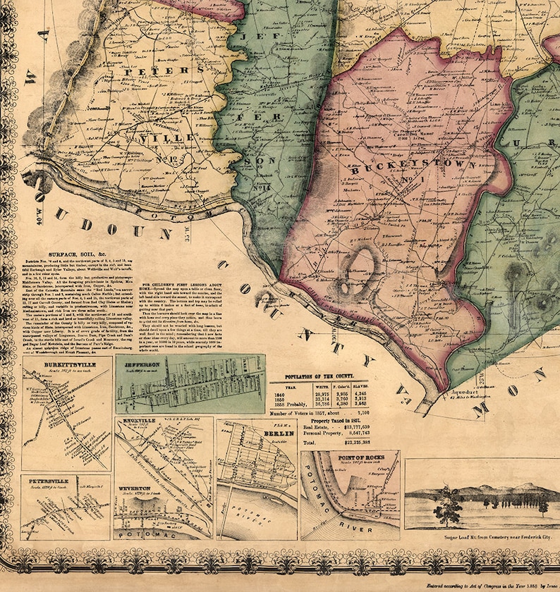 Map of Frederick County Maryland MD. 1858. Vintage Etsy