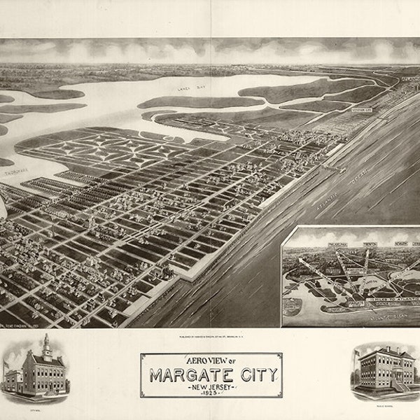 Map of Margate City, Atlantic Co., New Jersey 1925. Vintage restoration hardware home Deco Style old wall reproduction map print.