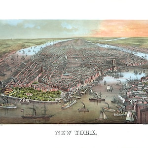 Manhattan New York con Battery Park in primo piano e navi nel porto 1873. NY0003 Stampa di poster di riproduzione d'epoca Mappa