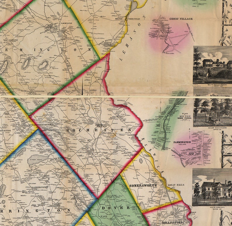 Map of Strafford County New Hampshire 1856. Vintage Home Etsy