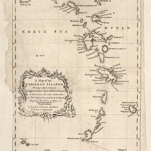 Mapa das Ilhas do Caribe de 1756. Impressão de mapa de reprodução de parede antiga em estilo Deco, com ferragens de restauração vintage.