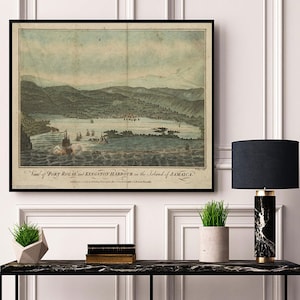 View of Harbour of Port Royal and Kingston, Jamaica. Vintage home Decor Style old wall reproduction map print.