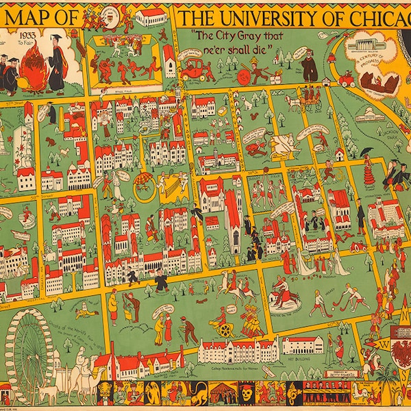 Map of University of Chicago. Home Deco Style Old Reproduction.