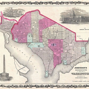 Kaart van Washington, D.C en Georgetown van Johnson Map.  1862. Vintage restauratiehardware home deco-stijl oude muur reproductie kaart print