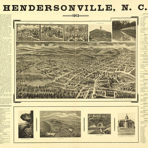 Map of Hendersonville, Henderson Co. North Carolina N.C.  1913 Home Deco Style Old Reproduction