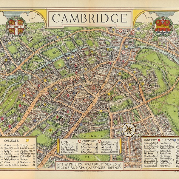 Map of Cambridge, UK.  Restoration Hardware Home Deco Style Old Wall Map. Vintage Reproduction