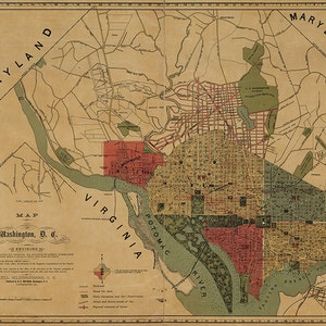 Kaart van Washington, D.C. en omgeving, 1887. Vintage restauratiehardware home deco-stijl oude muurreproductiekaart.