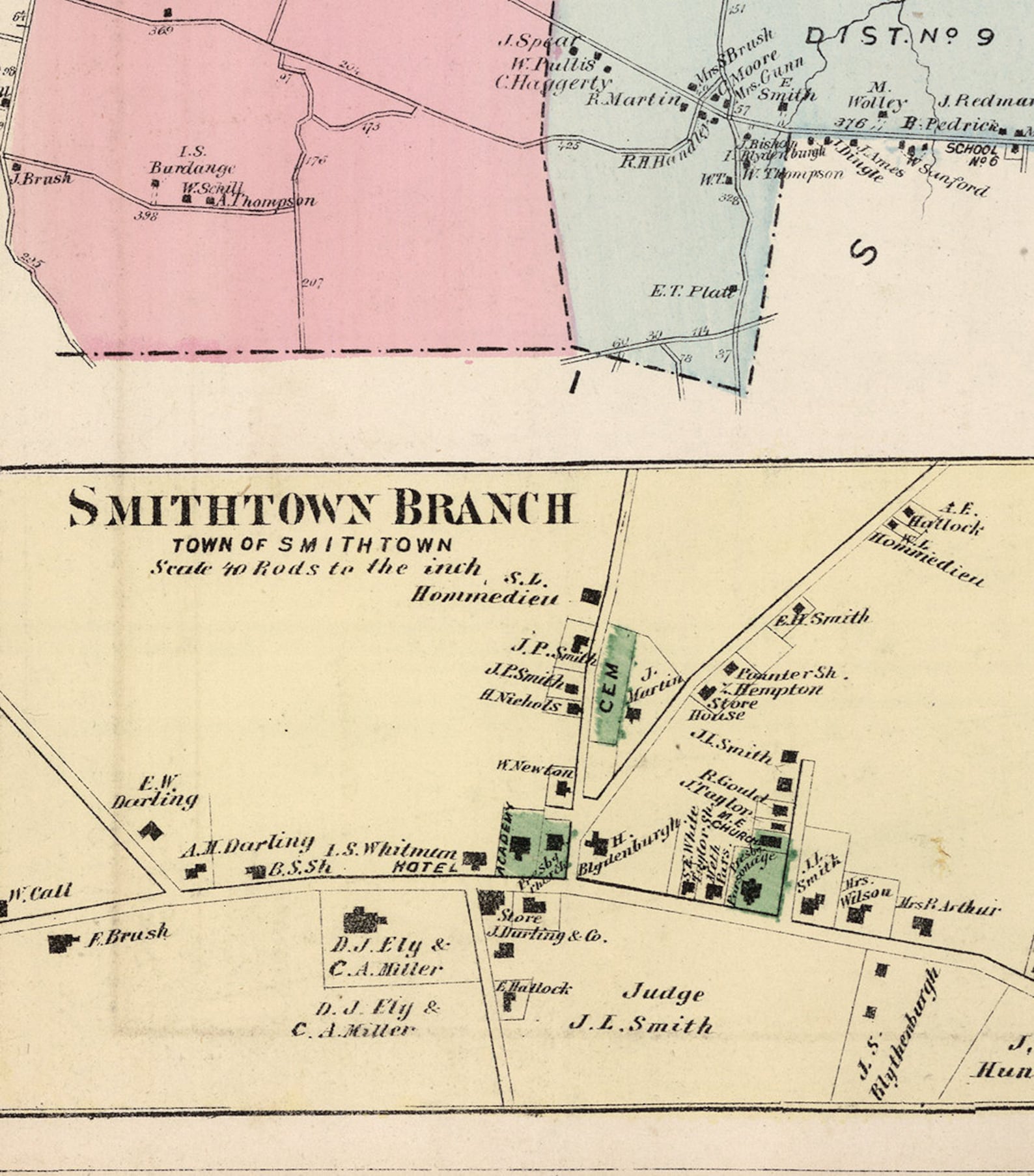 Map of Smithtown, Suffolk County, Long Island, New York NY 1873. Vintage Home Style Old Wall