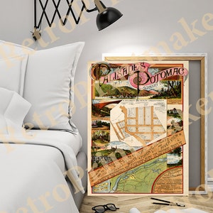 Puede incluir: Un mapa vintage de las Palisades del Potomac, un suburbio de Washington, D.C. El mapa muestra la ubicación de varias calles, parques y otros puntos de interés. El mapa está rodeado por un borde decorativo e incluye texto que dice "Palisades of the Potomac, Scenery unsurpassed, Salubrity and Health unquestioned."