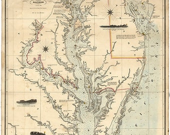 Nautical map of Chesapeake And Delaware Bays  1862. Restoration Hardware Home Deco Style Old Wall Map. Vintage Reproduction