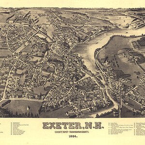 Mappa di Exeter, Contea di Rockingham, New Hampshire NH 1884. Vista a volo d'uccello. Restoration Hardware Home Deco Riproduzione giclée di Old Wall