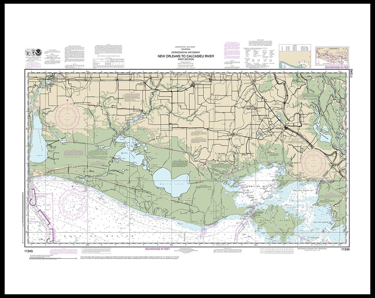 Intracoastal Waterway Map Louisiana Nautical Charts Of New Orleans To Calcasieu River - Etsy Australia