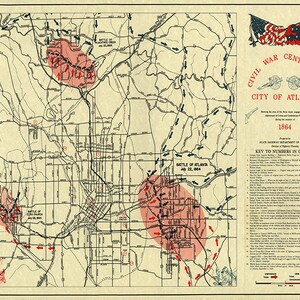 Kaart van Centennial burgeroorlog, stad Atlanta in 1864. Vintage restauratie hardware home deco-stijl oude muur reproductie kaartprint.