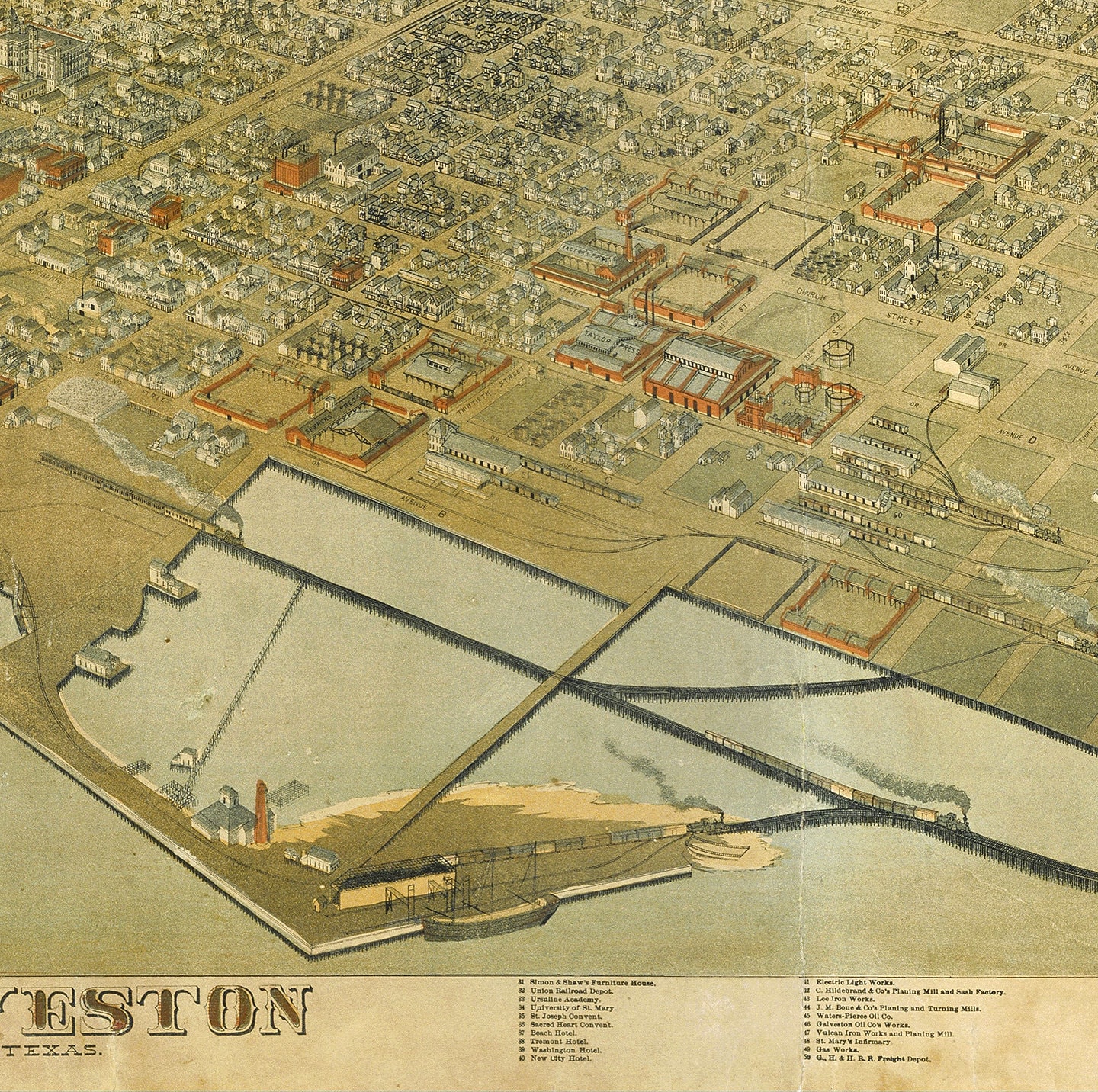 Map of the Galveston Texas 1891. Vintage Restoration Hardware - Etsy