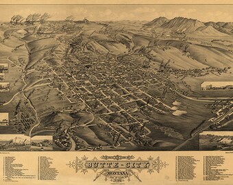 Map of City of Butte-City, Silver Bow County, Montana 1884 MT.  Vintage restoration hardware home Deco Style old wall reproduction map print