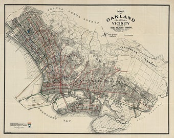 Map of Oakland, Alameda County, California CA 1912.  Restoration Hardware Home Deco Style Old Wall Vintage Giclee Reproduction.