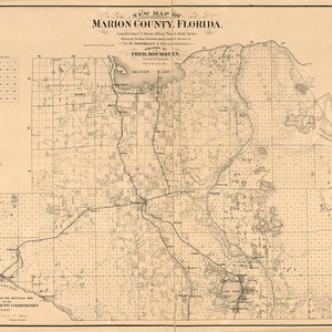 Kaart van Marion County, Florida. 1887. Vintage home Deco Style oude muur reproductie kaart print.