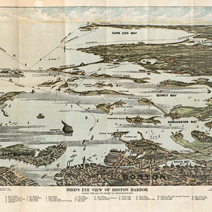 Vista aérea del puerto de Boston a lo largo de la costa sur hasta Provincetown. Reproducción de mapa de pared de estilo Art Déco de una ferretería vintage restaurada.
