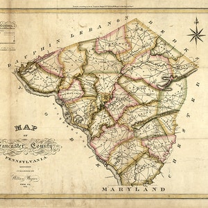 Map of Lancaster County, Pennsylvania, PA 1821. Restoration Hardware Home Deco Style Old Wall Vintage Giclee Reproduction.