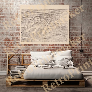 May include: A vintage black and white illustration of League Island Navy Yard in Philadelphia, Pennsylvania. The illustration shows the island and surrounding area from a bird's eye view.