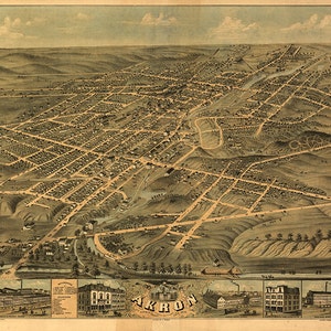 Landkarte von Akron, Gipfel Co., Ohio. Ruger & Stoner, 1870. Restaurierungsbeschläge Home Deco Style Alte Mauer Vintage Reprint.