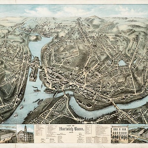 Norwich, Condado de New London, Connecticut, CT 1876. Bailey, Knauber. Impresión de mapa antiguo de pared, estilo art déco, restaurado y restaurado.