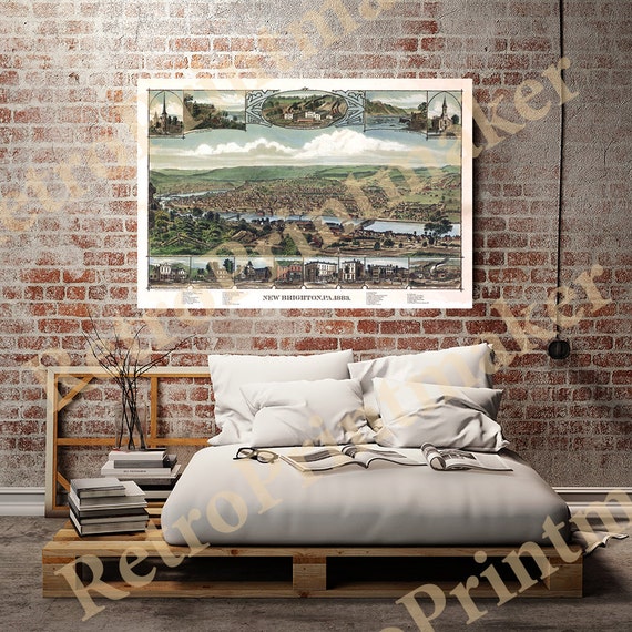New Brighton, Beaver County, Pennsylvania Pa. 1883. Vintage restoration hardware home Deco Style old wall reproduction map print.