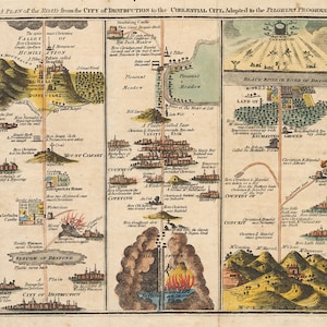 Ilustração A Estrada da Cidade da Destruição à Cidade Celestial - O Progresso do Peregrino 1821. Mapa de reprodução de decoração de casa vintage.