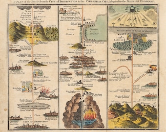 Illustration The Road From the City of Destruction to the Celestial City - The Pilgrim&#39;s Progress 1821. Vintage home Décor reproduction map.