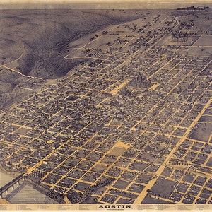 Karte von Austin, Texas ... 1887. Vintage Restaurierung Hardware Home Deco Style alte Wand Reproduktion Karte drucken.