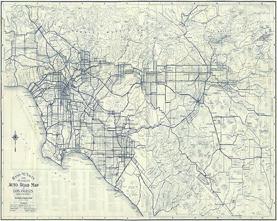 1926 年のロサンゼルス自動車道路地図。ビンテージ修復ハードウェア