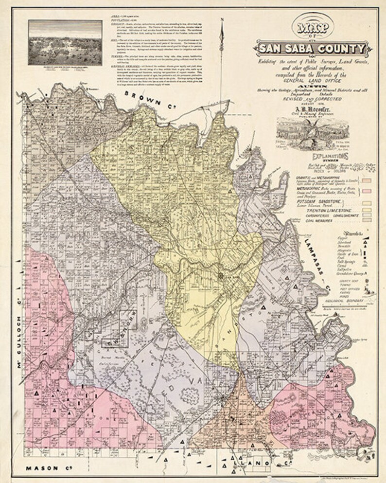 Map of San Saba County Texas TX 1876. Vintage Etsy
