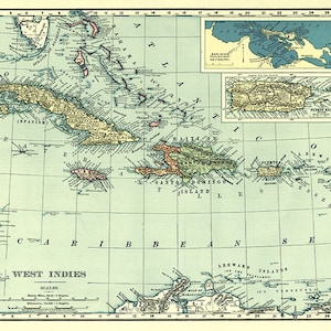 Mapa das Índias Ocidentais, Costa do Golfo, Golfo do México, Mar do Caribe e Ilhas Bahamas. 1892. Mapa de reimpressão vintage.