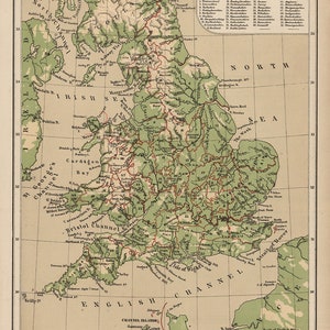 Mapa de Inglaterra, 1880. Impresión de reproducción de mapa de pared antiguo de estilo Deco para el hogar, restaurado con hardware de época.