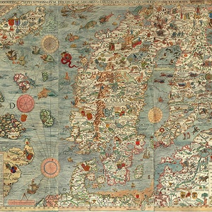 Seekarte von Skandinavien von Olaus Magnus 1527-39. Carta Marina. Schweden, Dänemark, Norwegen, Island und Finnland.  Antike Nachdruck.