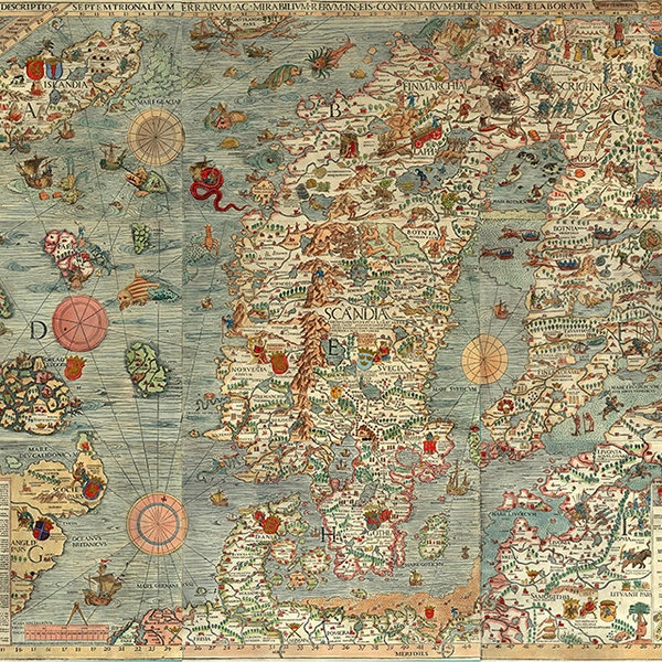 Sea map of a Scandinavia by Olaus Magnus in 1527-39. Carta marina. Sweden, Denmark, Norway, Iceland and Finland.  Antique Reprint.