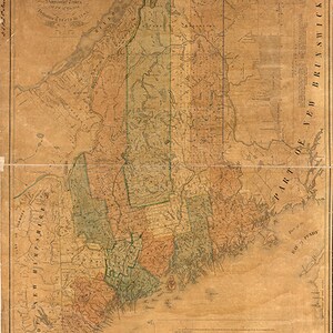 Mapa del estado de Maine, 1840. John G. Deane. Impresión de mapa antiguo de pared, estilo art déco, restaurado por John G. Deane.