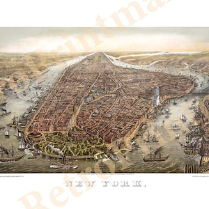Manhattan New York mit Batterie Park vorne und Brooklyn Bridge rechts 1873 NY0004 Vintage Reproduktion Poster Druck Karte