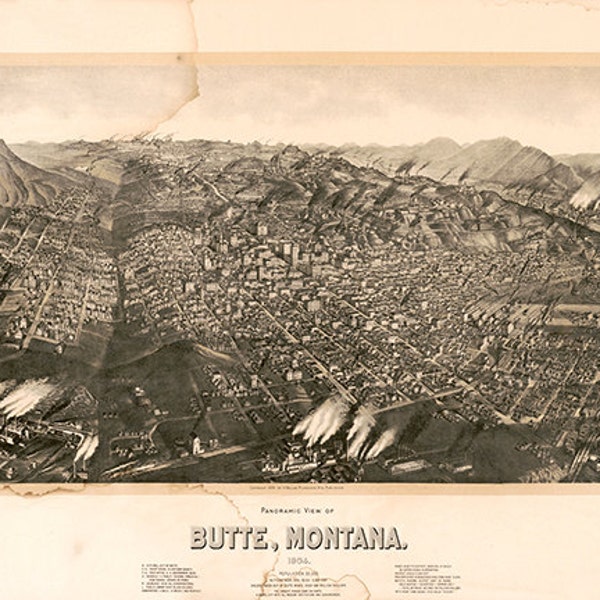 Map of City of Butte, Silver Bow County, Montana 1904 MT.  Vintage restoration hardware home Deco Style old wall reproduction map print