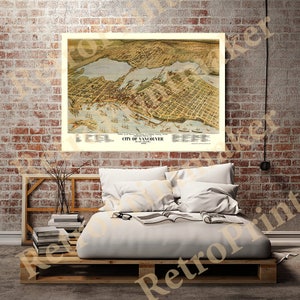 May include: An antique map of Vancouver, British Columbia, Canada, from 1886. The map shows the city's streets, buildings, and waterfront. The map is printed in brown, green, and blue ink on a white background. The title "City of Vancouver" is printed in the center of the map.
