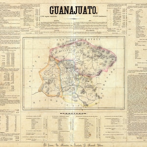 Map of Guanajuato, Mexico, 1922. Vintage restoration hardware home Deco Style old wall reproduction map print.