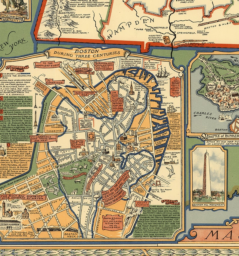 Pictorial Map of Massachusetts 1930. Vintage Restoration Etsy