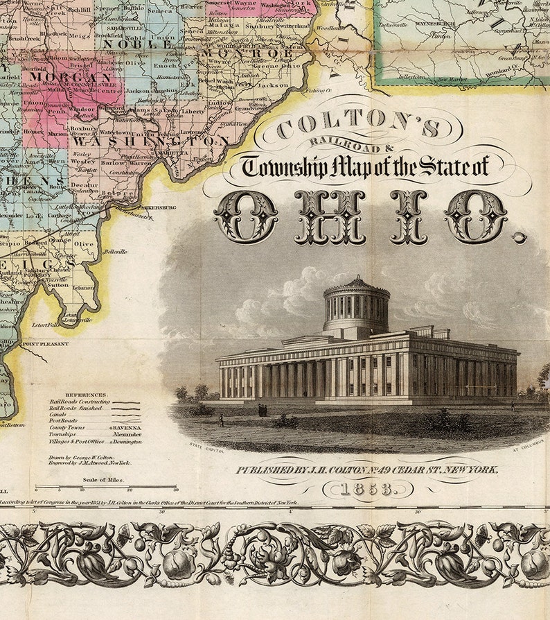 Map Of Ohio OH 1853. Vintage restoration hardware home Deco Etsy