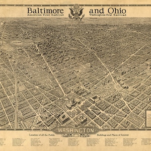 Washington, D.C. District of Columbia, prachtige hoofdstad. Olson, Baltimore & Ohio Railroad.  Reproductie Vintage vogelperspectiefkaart.