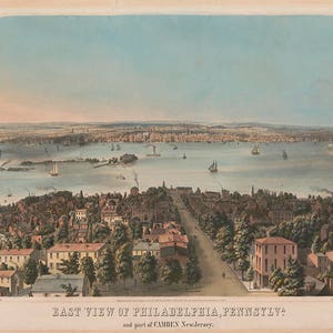 Vista este de Filadelfia, Pensilvania, PA, y parte de Camden, Nueva Jersey, NJ. 1856. Reproducción de mapa vintage a vista de pájaro.