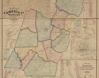 Map of  Cambria County, Pennsylvania, PA 1867. Restoration Hardware Home Deco Style Old Wall Vintage Giclee Reproduction.