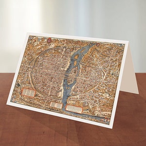 Greeting Card of Map of Paris, 1550.   Plan of Paris by Truschet et Hoyau.  Plan de Bâle.  Vintage reproduction map print.