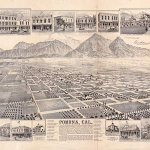 Carte de Pomona, Comté de Los Angeles, Californie CA 1886.  vintage restauration hardware maison Deco Style vieille carte de reproduction murale imprimer