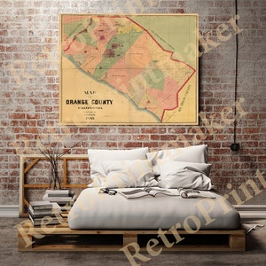 Può includere: Una mappa vintage della contea di Orange, California, del 1881. La mappa è stampata su carta invecchiata e mostra i confini della contea, le città e i paesi. La mappa è incorniciata e appesa a un muro di mattoni.